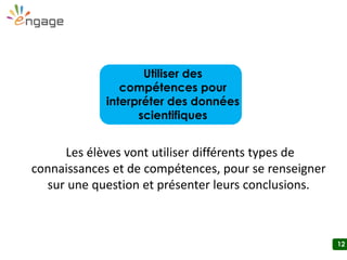12
Les élèves vont utiliser différents types de
connaissances et de compétences, pour se renseigner
sur une question et présenter leurs conclusions.
Utiliser des
compétences pour
interpréter des données
scientifiques
 