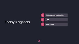 Today’s agenda
2
Update about replication
1
2 AMA
3 Other news
 