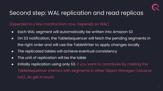 Second step: WAL replication and read replicas
(Expected in a few months from now. Depends on WAL)
● Each WAL segment will automatically be written into Amazon S3
● On S3 notification, the TableSequencer will fetch the pending segments in
the right order and will use the TableWriter to apply changes locally
● The replicated tables will achieve eventual consistency
● The unit of replication will be the table
● Initially replication using only S3. If you want to contribute by making the
TableSequencer interact with segments in other Object Storages (cloud or
not), do get in touch
9
 