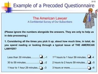 10-32
11/2 hours to 1 hour 59 minutes.........-4
2 hours to 2 hours 59 minutes...........-5
3 hours or more.................................-6
Less than 30 minutes.....................-1
30 to 59 minutes............................-2
1 hour to 1 hour 29 minutes..........-3
The American Lawyer
A Confidential Survey of Our Subscribers
(Please ignore the numbers alongside the answers. They are only to help us
in data processing.)
1. Considering all the times you pick it up, about how much time, in total, do
you spend reading or looking through a typical issue of THE AMERICAN
LAWYER?
Example of a Precoded Questionnaire
 