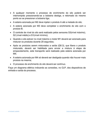 ATIVIDADE LADDER CARLOS EDUARDO DO VALE MELO
 A qualquer momento o processo de enchimento do silo poderá ser
interrompido pressionando-se a botoeira desliga, e retomado do mesmo
ponto ao se pressionar a botoeira liga;
 A esteira acionada por M2 deve injetar o produto A até a metade do silo;
 A esteira acionada por M3 deve completar o enchimento do silo com o
produto B;
 O controle de nível do silo será realizado pelos sensores S3(nível máximo),
S2 (nível médio) e S1(nível mínimo);
 Quando o silo estiver no nível máximo o motor M1 deverá ser acionado para
misturar os produtos durante 20 segundos;
 Após os produtos serem misturados a saída (Q0.3), que libera o produto
misturado, deverá ser habilitada para enviar a mistura à etapa de
empacotamento, este transporte será realizado pela esteira acionada por
M4;
 A esteira acionada por M4 só deverá ser desligada quando não houver mais
produto na mesma;
 O processo de enchimento do silo deverá ser contínuo.
Faça um diagrama elétrico indicando as conexões, no CLP, dos dispositivos de
entrada e saída do processo.
 