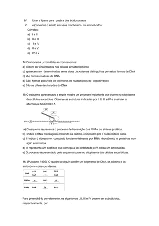 IV.        Usar a lípase para quebra dos ácidos graxos
 V.         e)converter o amido em seus monômeros, os aminoácidos
       Corretas:
       a) I e II
       b) II e III
       c)   I e IV
       d) II e V
       e) IV e v


14.Cromonema , cromátides e cromossomos:
a) podem ser encontrados nas células simultaneamente
b) aparecem em determinados seres vivos , e podemos distingui-los por estas formas de DNA
c) são formas inativas de DNA
d) São formas possíveis de polímeros de nucleotídeos de desoxirribose
e) São as diferentes funções do DNA


15.O esquema apresentado a seguir mostra um processo importante que ocorre no citoplasma
   das células eucariotas .Observe as estruturas indicadas por I, II, III e IV e assinale. a
   alternativa INCORRETA




:a) O esquema representa o processo de transcrição dos RNA-r ou síntese protéica.
b) I indica o RNA mensageiro contendo os códons, compostos por 3 nucleotídeos cada.
c) II indica o ribossomo, composto fundamentalmente por RNA ribossômico e proteínas com
   ação enzimática.
d) III representa um peptídeo que começa a ser sintetizado e IV indica um aminoácido.
e) O processo representado pelo esquema ocorre no citoplasma das células eucarióticas.


16. (Puccamp 1995) O quadro a seguir contém um segmento de DNA, os códons e os
anticódons correspondentes.




Para preenchê-lo corretamente, os algarismos I, II, III e IV devem ser substituídos,
respectivamente, por
 