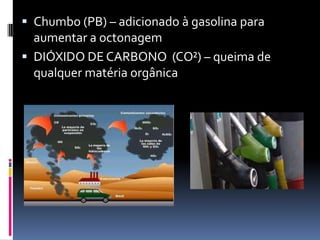  Chumbo (PB) – adicionado à gasolina para
aumentar a octonagem
 DIÓXIDO DE CARBONO (CO²) – queima de
qualquer matéria orgânica
 