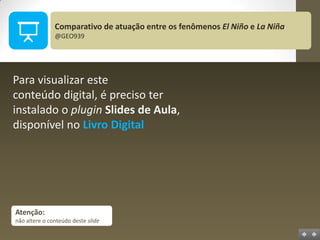 Comparativo de atuação entre os fenômenos El Niño e La Niña
@GEO939

Para visualizar este
conteúdo digital, é preciso ter
instalado o plugin Slides de Aula,
disponível no Livro Digital

Atenção:
não altere o conteúdo deste slide

 
