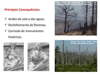 Principais Consequências:
 Acidez do solo e das águas.
 Desfolhamento de florestas.
 Corrosão de monumentos
históricos.
Solo pobre em nutrientes e mineiras com
consequente enfraquecimento da vegetação.
Efeitos da chuva ácida numa
floresta. Montanhas de Jizera
 