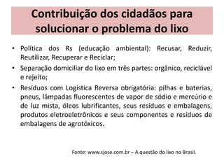 Contribuição dos cidadãos para
solucionar o problema do lixo
• Política dos Rs (educação ambiental): Recusar, Reduzir,
Reutilizar, Recuperar e Reciclar;
• Separação domiciliar do lixo em três partes: orgânico, reciclável
e rejeito;
• Resíduos com Logística Reversa obrigatória: pilhas e baterias,
pneus, lâmpadas fluorescentes de vapor de sódio e mercúrio e
de luz mista, óleos lubrificantes, seus resíduos e embalagens,
produtos eletroeletrônicos e seus componentes e resíduos de
embalagens de agrotóxicos.
Fonte: www.sjose.com.br – A questão do lixo no Brasil.
 