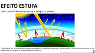 Apresentação elaborada pela Professora FERNANDA BRUM LOPES, disciplina de Geografia
Efeito Estufa  fenômeno natural e vital para o planeta.
É importante que essa temperatura seja aprisionada na atmosfera terrestre para que possibilite o surgimento das plantas, o não
congelamento das águas, o desenvolvimento do animais....
 