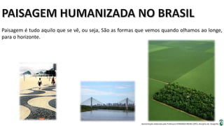 Apresentação elaborada pela Professora FERNANDA BRUM LOPES, disciplina de Geografia
Paisagem é tudo aquilo que se vê, ou seja, São as formas que vemos quando olhamos ao longe,
para o horizonte.
 
