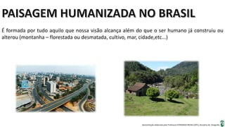Apresentação elaborada pela Professora FERNANDA BRUM LOPES, disciplina de Geografia
É formada por tudo aquilo que nossa visão alcança além do que o ser humano já construiu ou
alterou (montanha – florestada ou desmatada, cultivo, mar, cidade,etc...)
 