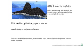 Apresentação elaborada pela Professora FERNANDA BRUM LOPES, disciplina de Geografia
...ou são tóxicos ou nocivos ao ser humano.
65% matéria orgânica
pouco aproveitada, que poderia ser
transformada e aplicada na agricultura
e na produção de energia.
35% vidro, plástico, papel e metais
Todo esse montante é depositado, na maioria dos casos, em áreas pouco apropriadas, poluindo
o meio ambiente.
 