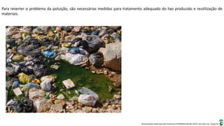 Apresentação elaborada pela Professora FERNANDA BRUM LOPES, disciplina de Geografia
Para reverter o problema da poluição, são necessárias medidas para tratamento adequado do lixo produzido e reutilização de
materiais.
 