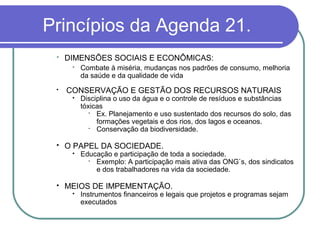 Princípios da Agenda 21.
    DIMENSÕES SOCIAIS E ECONÔMICAS:
         Combate à miséria, mudanças nos padrões de consumo, melhoria
          da saúde e da qualidade de vida
    CONSERVAÇÃO E GESTÃO DOS RECURSOS NATURAIS
         Disciplina o uso da água e o controle de resíduos e substâncias
          tóxicas
            
               Ex. Planejamento e uso sustentado dos recursos do solo, das
               formações vegetais e dos rios, dos lagos e oceanos.
            
               Conservação da biodiversidade.

    O PAPEL DA SOCIEDADE.
         Educação e participação de toda a sociedade.
            
              Exemplo: A participação mais ativa das ONG`s, dos sindicatos
              e dos trabalhadores na vida da sociedade.

    MEIOS DE IMPEMENTAÇÃO.
         Instrumentos financeiros e legais que projetos e programas sejam
          executados
 