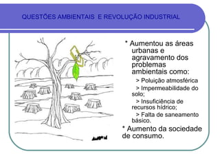 QUESTÕES AMBIENTAIS E REVOLUÇÃO INDUSTRIAL



                           * Aumentou as áreas
                             urbanas e
                             agravamento dos
                             problemas
                             ambientais como:
                               > Poluição atmosférica
                               > Impermeabilidade do
                             solo;
                               > Insuficiência de
                             recursos hídrico;
                               > Falta de saneamento
                             básico.
                          * Aumento da sociedade
                          de consumo.
 