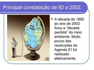 Principal constatação de 92 a 2002.

                     A  década de 1992
                      ao ano de 2002
                      ficou a “década
                      perdida” do meio
                      ambiente. Muito
                      pouco das
                      resoluções da
                      Agenda 21 foi
                      realizado
                      efetivamente.
 