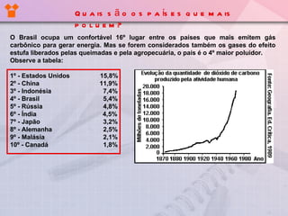 O Brasil ocupa um confort á vel 16º lugar entre os países que mais emitem gás carbônico para gerar energia. Mas   se forem considerados também os gases do efeito estufa liberados pelas queimadas e pela agropecuária, o país é o 4º maior poluidor. Observe a tabela: 1º - Estados Unidos   15,8% 2º - China   11,9% 3º - Indonésia   7,4% 4º - Brasil   5,4% 5º - Rússia   4,8% 6º - Índia   4,5% 7º - Japão   3,2% 8º - Alemanha   2,5% 9º - Malásia   2,1% 10º - Canadá   1,8% Quais são os países que mais poluem? 