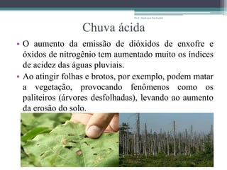 Chuva ácida
• O aumento da emissão de dióxidos de enxofre e
óxidos de nitrogênio tem aumentado muito os índices
de acidez das águas pluviais.
• Ao atingir folhas e brotos, por exemplo, podem matar
a vegetação, provocando fenômenos como os
paliteiros (árvores desfolhadas), levando ao aumento
da erosão do solo.
Prof.: Andressa Sucharski
 