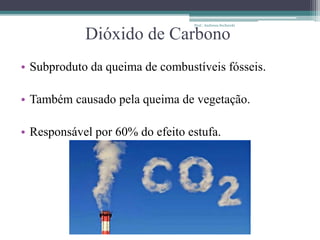 Dióxido de Carbono
• Subproduto da queima de combustíveis fósseis.
• Também causado pela queima de vegetação.
• Responsável por 60% do efeito estufa.
Prof.: Andressa Sucharski
 