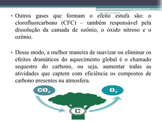 • Outros gases que formam o efeito estufa são: o
clorofluorcarbono (CFC) – também responsável pela
dissolução da camada de ozônio, o óxido nitroso e o
ozônio.
• Desse modo, a melhor maneira de suavizar ou eliminar os
efeitos dramáticos do aquecimento global é o chamado
sequestro do carbono, ou seja, aumentar todas as
atividades que captem com eficiência os compostos de
carbono presentes na atmosfera.
Prof.: Andressa Sucharski
 
