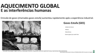 Apresentação elaborada pela Professora FERNANDA BRUM LOPES, disciplina de Geografia
Emissão de gases (chamados gases estufa) aumentou rapidamente após a experiência industrial.
-Dióxido de Carbono
-Metano
-Óxido Nitroso
Diversos gases que contêm flúor
Ilustração da paisagem inglesa durante a Revolução Industrial. As grandes chaminés expelindo fumaça representava desenvolvimento.
 