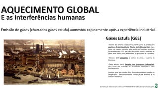 Apresentação elaborada pela Professora FERNANDA BRUM LOPES, disciplina de Geografia
Emissão de gases (chamados gases estufa) aumentou rapidamente após a experiência industrial.
-Dióxido de Carbono: (CO2) Uma grande parte é gerado pela
queima de combustíveis fóseis (petróleo,carvão), bem
como -de maneira indireita- pela perda das florestas, principais
fornecedoras de CO2, que são destruídas como o objetivo de
obter mais terras para desenvolver a agricultura e a madeira.
-Metano: (CH4) pecuária, o cultivo de arroz, a queima de
biomassa.
-Óxido Nitroso: (NH2) Gerado nos processos industriais,
bem como pelo emprego de fertilizantes industriais e pelo
desmatamento.
Diversos gases que contêm fluor (fluorhidrocarbonos –usados na
refrigeração- , perfluorocarbonos –produção de aluminio- e na
industria eletrônica.
 