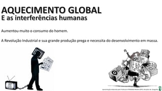 Apresentação elaborada pela Professora FERNANDA BRUM LOPES, disciplina de Geografia
Aumentou muito o consumo do homem.
A Revolução Industrial e sua grande produção prega e necessita do desenvolvimento em massa.
 