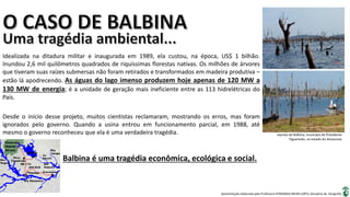 Apresentação elaborada pela Professora FERNANDA BRUM LOPES, disciplina de Geografia
Idealizada na ditadura militar e inaugurada em 1989, ela custou, na época, US$ 1 bilhão.
Inundou 2,6 mil quilômetros quadrados de riquíssimas florestas nativas. Os milhões de árvores
que tiveram suas raízes submersas não foram retirados e transformados em madeira produtiva –
estão lá apodrecendo. As águas do lago imenso produzem hoje apenas de 120 MW a
130 MW de energia; é a unidade de geração mais ineficiente entre as 113 hidrelétricas do
País.
Desde o início desse projeto, muitos cientistas reclamaram, mostrando os erros, mas foram
ignorados pelo governo. Quando a usina entrou em funcionamento parcial, em 1988, até
mesmo o governo reconheceu que ela é uma verdadeira tragédia.
Balbina é uma tragédia econômica, ecológica e social.
represa de Balbina, município de Presidente
Figueiredo, no estado do Amazonas
 