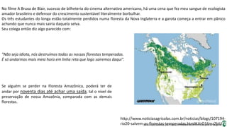 Apresentação elaborada pela Professora FERNANDA BRUM LOPES, disciplina de Geografia
No filme A Bruxa de Blair, sucesso de bilheteria do cinema alternativo americano, há uma cena que fez meu sangue de ecologista
amador brasileiro e defensor do crescimento sustentável literalmente borbulhar.
Os três estudantes do longa estão totalmente perdidos numa floresta da Nova Inglaterra e a garota começa a entrar em pânico
achando que nunca mais sairia daquela selva.
Seu colega então diz algo parecido com:
"Não seja idiota, nós destruímos todas as nossas florestas temperadas.
É só andarmos mais meia hora em linha reta que logo sairemos daqui".
Se alguém se perder na Floresta Amazônica, poderá ter de
andar por noventa dias até achar uma saída, tal o nível de
preservação de nossa Amazônia, comparada com as demais
florestas.
http://www.noticiasagricolas.com.br/noticias/blogs/107194-
rio20-salvem-as-florestas-temperadas.html#.VzO16mz2bIU
 