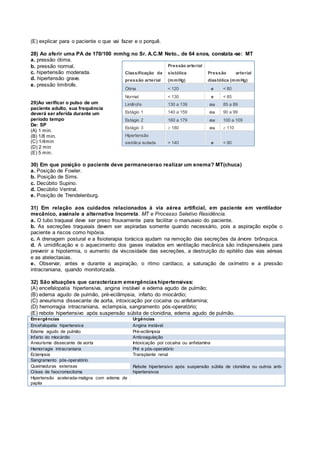 (E) explicar para o paciente o que vai fazer e o porquê.
28) Ao aferir uma PA de 170/100 mmhg no Sr. A.C.M Neto., de 64 anos, constata -se: MT
a. pressão ótima.
b. pressão normal.
c. hipertensão moderada.
d. hipertensão grave.
e. pressão limítrofe.
29)Ao verificar o pulso de um
paciente adulto, sua frequência
deverá ser aferida durante um
período tempo
De: SP
(A) 1 min.
(B) 1/8 min.
(C) 1/4min
(D) 2 min
(E) 5 min.
30) Em que posição o paciente deve permanecerao realizar um enema? MT(chuca)
a. Posição de Fowler.
b. Posição de Sims.
c. Decúbito Supino.
d. Decúbito Ventral.
e. Posição de Trendelenburg.
31) Em relação aos cuidados relacionados à via aérea artificial, em paciente em ventilador
mecânico, assinale a alternativa Incorreta. MT e Processo Seletivo Residência.
a. O tubo traqueal deve ser preso frouxamente para facilitar o manuseio do paciente.
b. As secreções traqueais devem ser aspiradas somente quando necessário, pois a aspiração expõe o
paciente a riscos como hipóxia.
c. A drenagem postural e a fisioterapia torácica ajudam na remoção das secreções da árvore brônquica.
d. A umidificação e o aquecimento dos gases inalados em ventilação mecânica são indispensáveis para
prevenir a hipotermia, o aumento da viscosidade das secreções, a destruição do epitélio das vias aéreas
e as atelectasias.
e. Observar, antes e durante a aspiração, o ritmo cardíaco, a saturação de oxímetro e a pressão
intracraniana, quando monitorizada.
32) São situações que caracterizam emergênciashipertensivas:
(A) encefalopatia hipertensiva, angina instável e edema agudo de pulmão;
(B) edema agudo de pulmão, pré-eclâmpsia, infarto do miocárdio;
(C) aneurisma dissecante de aorta, intoxicação por cocaína ou anfetamina;
(D) hemorragia intracraniana, eclampsia, sangramento pós-operatório;
(E) rebote hipertensivo após suspensão súbita de clonidina, edema agudo de pulmão.
Emergências Urgências
Encefalopatia hipertensiva Angina instável
Edema agudo de pulmão Pré-eclâmpsia
Infarto do miocárdio Anticoagulação
Aneurisma dissecante de aorta Intoxicação por cocaína ou anfetamina
Hemorragia intracraniana Pré e pós-operatório
Eclampsia Transplante renal
Sangramento pós-operatório
Rebote hipertensivo após suspensão súbita de clonidina ou outros anti-
hipertensivos
Queimaduras extensas
Crises de feocromocitoma
Hipertensão acelerada-maligna com edema de
papila
Classificação da
pressão arterial
Pressão arterial
sistólica
(mmHg)
Pressão arterial
diastólica (mmHg)
Ótima < 120 e < 80
Normal < 130 e < 85
Limítrofe 130 a 139 ou 85 a 89
Estágio 1 140 a 159 ou 90 a 99
Estágio 2 160 a 179 ou 100 a 109
Estágio 3  180 ou  110
Hipertensão
sistólica isolada > 140 e < 90
 