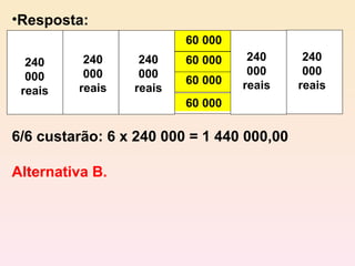 Resposta: 6/6 custarão: 6 x 240 000 = 1 440 000,00 Alternativa B. 60 000 60 000 60 000 60 000 240 000 reais 240 000 reais 240 000 reais 240 000 reais 240 000 reais 