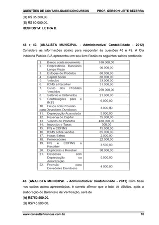 QUESTÕES DE CONTABILIDADE/CONCURSOS PROF. GERSON LEITE BEZERRA
www.consultefinancas.com.br 10
(D) R$ 35.500,00.
(E) R$ 80.000,00.
RESPOSTA: LETRA B.
48 e 49. (ANALISTA MUNICIPAL - Administrativa/ Contabilidade - 2012)
Considere as informações abaixo para responder às questões 48 e 49. A Cia
Indústria Pública S/A apresentou em seu livro Razão os seguintes saldos contábeis:
48. (ANALISTA MUNICIPAL - Administrativa/ Contabilidade - 2012) Com base
nos saldos acima apresentados, é correto afirmar que o total de débitos, após a
elaboração do Balancete de Verificação, será de
(A) R$750.500,00.
(B) R$745.500,00.
 