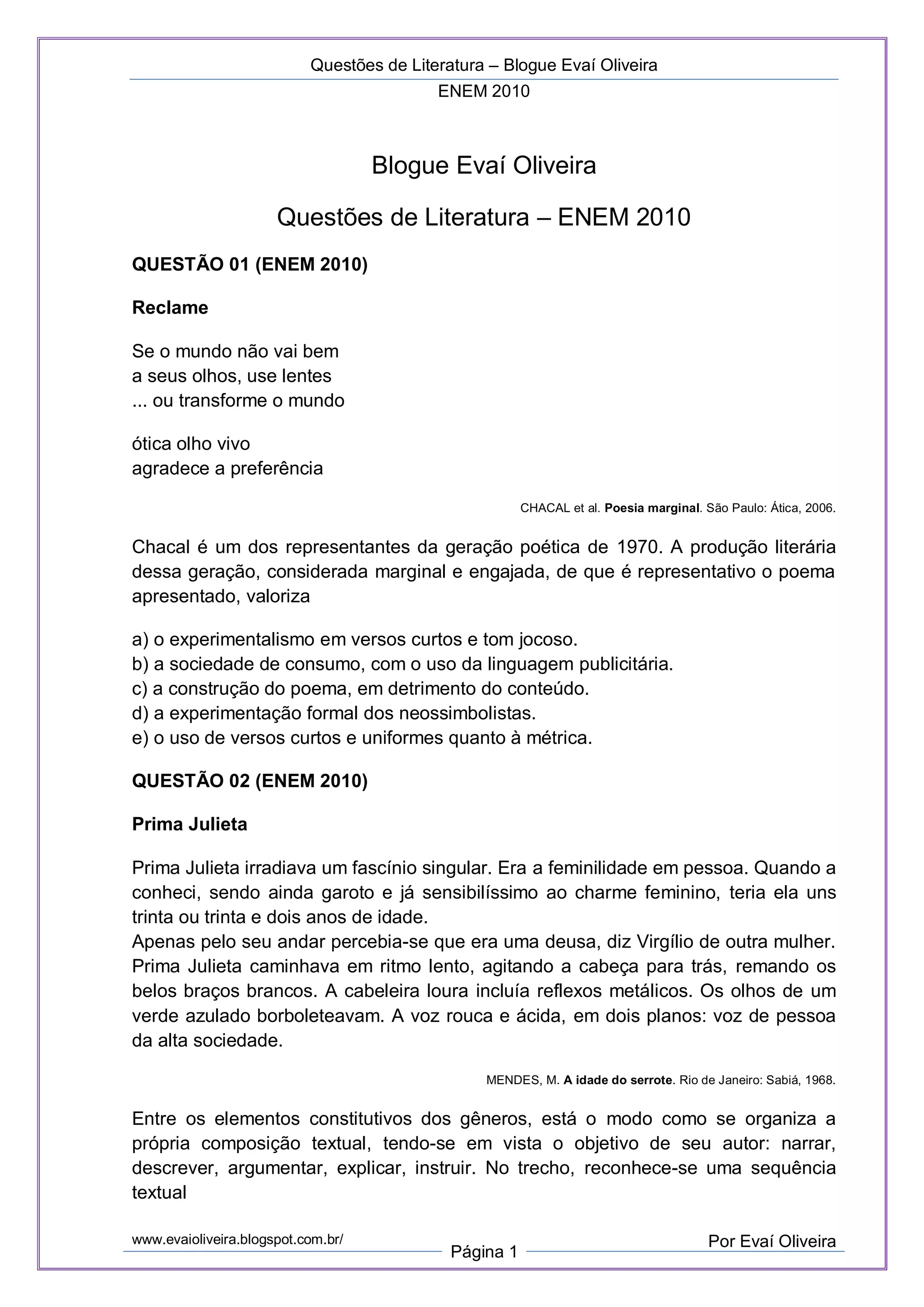 Questoes De Literatura Enem - RETOEDU