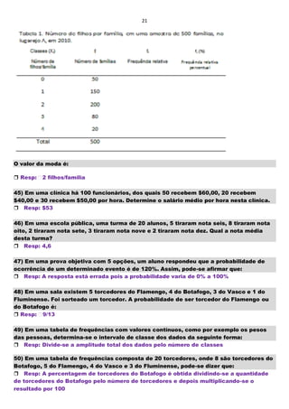 21
O valor da moda é:
 Resp: 2 filhos/família
45) Em uma clínica há 100 funcionários, dos quais 50 recebem $60,00, 20 recebem
$40,00 e 30 recebem $50,00 por hora. Determine o salário médio por hora nesta clínica.
Resp: $53
46) Em uma escola pública, uma turma de 20 alunos, 5 tiraram nota seis, 8 tiraram nota
oito, 2 tiraram nota sete, 3 tiraram nota nove e 2 tiraram nota dez. Qual a nota média
desta turma?
Resp: 4,6
47) Em uma prova objetiva com 5 opções, um aluno respondeu que a probabilidade de
ocorrência de um determinado evento é de 120%. Assim, pode-se afirmar que:
Resp: A resposta está errada pois a probabilidade varia de 0% a 100%
48) Em uma sala existem 5 torcedores do Flamengo, 4 do Botafogo, 3 do Vasco e 1 do
Fluminense. Foi sorteado um torcedor. A probabilidade de ser torcedor do Flamengo ou
do Botafogo é:
 Resp: 9/13
49) Em uma tabela de frequências com valores contínuos, como por exemplo os pesos
das pessoas, determina-se o intervalo de classe dos dados da seguinte forma:
Resp: Divide-se a amplitude total dos dados pelo número de classes
50) Em uma tabela de frequências composta de 20 torcedores, onde 8 são torcedores do
Botafogo, 5 do Flamengo, 4 do Vasco e 3 do Fluminense, pode-se dizer que:
Resp: A percentagem de torcedores do Botafogo é obtida dividindo-se a quantidade
de torcedores do Botafogo pelo número de torcedores e depois multiplicando-se o
resultado por 100
 