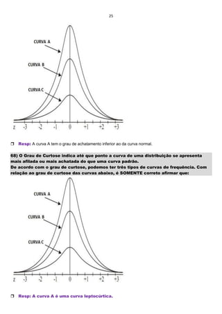 25

Resp: A curva A tem o grau de achatamento inferior ao da curva normal.
68) O Grau de Curtose indica até que ponto a curva de uma distribuição se apresenta
mais afilada ou mais achatada do que uma curva padrão.
De acordo com o grau de curtose, podemos ter três tipos de curvas de frequência. Com
relação ao grau de curtose das curvas abaixo, é SOMENTE correto afirmar que:

Resp: A curva A é uma curva leptocúrtica.
 