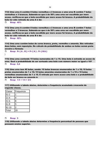 36
112) Uma urna A contêm 8 bolas vermelhas e 2 brancas e uma urna B contêm 7 bolas
vermelhas e 3 brancas. Sabendo-se que é de 50% uma urna ser escolhida por mero
acaso, verificou-se que a bola escolhida por mero acaso foi branca. A probabilidade da
bola ter sido retirada da urna A é de:
Resp: 40%
113) Uma urna A contêm 8 bolas vermelhas e 2 brancas e uma urna B contêm 7 bolas
vermelhas e 3 brancas. Sabendo-se que é de 50% uma urna ser escolhida por mero
acaso, verificou-se que a bola escolhida por mero acaso foi branca. A probabilidade da
bola ter sido retirada da urna B é de:
Resp: 60%
114) Uma urna contém bolas de cores branca, preta, vermelha e amarela. São retiradas
duas bolas, sem reposição. No cálculo da probabilidade de ambas as bolas serem preta
envolve a fórmula:
Resp: Pr { A . B } = Pr { A } . Pr { B/A }
}
115) Uma urna contendo 15 bolas numeradas de 1 a 15. Uma bola é extraída ao acaso da
urna. Qual a probabilidade de ser sorteada uma bola com número maior ou igual a 10?
Resp: 0,4
116) Uma urna tem 40 bolas, sendo: 10 bolas brancas enumeradas de 1 a 10; 10 bolas
pretas enumeradas de 1 a 10; 10 bolas amarelas enumeradas de 1 a 10 e 10 bolas
vermelhas enumeradas de 1 a 10. É retirada por mero acaso uma bola e a probabilidade
da bola ser branca ou amarela é:
Resp: 1/4 + 1/4 = 2/4
117) Utilizando a tabela abaixo, determine a frequência acumulada crescente da
segunda classe.

Resp: 5
118) Utilizando a tabela abaixo determine a frequência percentual de pessoas que
possuem ensino superior.
 