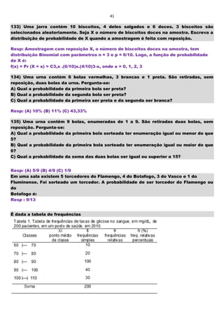 41
133) Uma jarra contém 10 biscoitos, 4 deles salgados e 6 doces. 3 biscoitos são
selecionados aleatoriamente. Seja X o número de biscoitos doces na amostra. Escreva a
distribuição de probabilidade de X quando a amostragem é feita com reposição.
Resp: Amostragem com reposição X, o número de biscoitos doces na amostra, tem
distribuição Binomial com parâmetros n = 3 e p = 6/10. Logo, a função de probabilidade
de X é:
f(x) = Pr (X = x) = C3,x .(6/10)x.(4/10)3-x, onde x = 0, 1, 2, 3
134) Uma urna contém 6 bolas vermelhas, 3 brancas e 1 preta. São retiradas, sem
reposição, duas bolas da urna. Pergunta-se:
A) Qual a probabilidade da primeira bola ser preta?
B) Qual a probabilidade da segunda bola ser preta?
C) Qual a probabilidade da primeira ser preta e da segunda ser branca?
Resp: (A) 10% (B) 11% (C) 43,33%
135) Uma urna contêm 9 bolas, enumeradas de 1 a 9. São retiradas duas bolas, sem
reposição. Pergunta-se:
A) Qual a probabilidade da primeira bola sorteada ter enumeração igual ou menor do que
5?
B) Qual a probabilidade da primeira bola sorteada ter enumeração igual ou maior do que
6?
C) Qual a probabilidade da soma das duas bolas ser igual ou superior a 15?
Resp: (A) 5/9 (B) 4/9 (C) 1/9
Em uma sala existem 5 torcedores do Flamengo, 4 do Botafogo, 3 do Vasco e 1 do
Fluminense. Foi sorteado um torcedor. A probabilidade de ser torcedor do Flamengo ou
do
Botafogo é:
Resp : 9/13
É dada a tabela de frequências
 