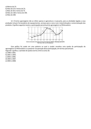 a) Menos de 23.
b) Mais de 23 e menos de 25.
c) Mais de 50 e menos de 75.
d) Mais de 100 e menos de 190.
e) Mais de 200.
12. O termo agronegócio não se refere apenas à agricultura e à pecuária, pois as atividades ligadas a essa
produção incluem fornecedores de equipamentos, serviços para a zona rural, industrialização e comercialização dos
produtos. O gráfico seguinte mostra a participação percentual do agronegócio no PIB brasileiro:
Centro de Estudos Avançados em Economia Aplicada (CEPEA). Almanaque abril 2010.
São Paulo: Abril, ano 36 (adaptado).
Esse gráfico foi usado em uma palestra na qual o orador ressaltou uma queda da participação do
agronegócio no PIB brasileiro e a posterior recuperação dessa participação, em termos percentuais.
Segundo o gráfico, o período de queda ocorreu entre os anos de:
a) 1998 e 2001.
b) 2001 e 2003.
c) 2003 e 2006.
d) 2003 e 2007.
e) 2003 e 2008.
 