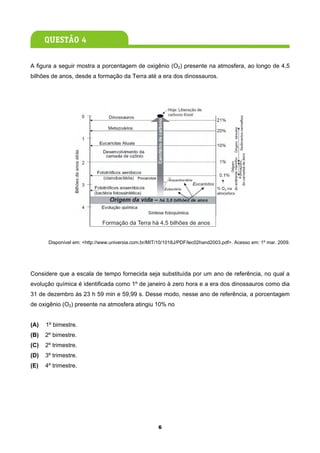 A figura a seguir mostra a porcentagem de oxigênio (O2) presente na atmosfera, ao longo de 4,5
bilhões de anos, desde a formação da Terra até a era dos dinossauros.




                              Formação da Terra há 4,5 bilhões de anos


       Disponível em: <http://www.universia.com.br/MIT/10/1018J/PDF/lec02hand2003.pdf>. Acesso em: 1º mar. 2009.




Considere que a escala de tempo fornecida seja substituída por um ano de referência, no qual a
evolução química é identificada como 1º de janeiro à zero hora e a era dos dinossauros como dia
31 de dezembro às 23 h 59 min e 59,99 s. Desse modo, nesse ano de referência, a porcentagem
de oxigênio (O2) presente na atmosfera atingiu 10% no


(A)   1º bimestre.
(B)   2º bimestre.
(C)   2º trimestre.
(D)   3º trimestre.
(E)   4º trimestre.




                                                      6
 