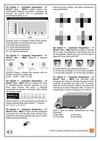 OTÁVIO LUCIANO CAMARGO SALES DE MAGALHÃES 6
32) (Gestar II – Avaliação Diagnóstica – 6ª
Série/7º Ano – MEC)O gráfico abaixo traz
informações relativas aos países “campeões de
fumaça”, de acordo com a quantidade de
poluentes lançados no ar.
Quantas vezes os Estados Unidos (EUA) lançam
mais poluentes na atmosfera do que a ìndia?
a) 6 vezes aproximadamente.
b) 3 vezes aproximadamente.
c) 2 vezes aproximadamente.
d) 1 vez aproximadamente.
33) (Gestar II – Avaliação Diagnóstica – 6ª
Série/7º Ano – MEC) Observe a seguinte
sequência.
Abrindo a figura, o ângulo que aparece entre as
dobras marcadas no papel vale
a) 45º . b) 60º . c) 90º . d) 120º .
34) (Gestar II – Avaliação Diagnóstica – 6ª
Série/7º Ano – MEC) Esta é a máquina do “mais
5”. Simbolicamente, pode-se escrever y= x+5.
Para cada número que entra, a máquina
acrescenta 5 e devolve o resultado. Veja a tabela
de entrada e saída.
Nessa máquina, o valor que deve ser colocado no
espaço representado pelo símbolo *** é igual a
a) 7. b) 14. c) 15. d) 17.
35) (Gestar II – Avaliação Diagnóstica – 6ª
Série/7º Ano – MEC) A figura ao lado representa
uma caixa com três de suas faces visíveis. Para
cada face, existe outra oposta a ela, com o mesmo
padrão de preenchimento.
Entre as figuras a seguir, qual delas representa a
caixa planificada?
36) (Gestar II – Avaliação Diagnóstica – 6ª
Série/7º Ano – MEC) Batman prendeu o bandido
Duas Caras. Na delegacia, Duas Caras teve de
ser fotografado. Repare que, de uma foto para a
seguinte, Duas Caras girou 90º .
É correto afirmar que cada giro equivale a
a) 1/2 da volta completa. b) 1/3 da volta completa.
c) 1/4 da volta completa. d) 1/9 da volta completa.
37) (Gestar II – Avaliação Diagnóstica – 6ª
Série/7º Ano – MEC) Um caminhão está
carregado de caixas de garrafas de água mineral,
contendo 24 garrafas em cada uma. As caixas,
todas de mesmo tamanho, formam uma pilha com
a forma de um bloco retangular. São 12 caixas no
comprimento, 6 caixas na largura e 8 na altura.
Qual o total de caixas transportado por esse
caminhão?
a) 26 caixas. b) 50 caixas.
c) 216 caixas. d) 576 caixas.
 