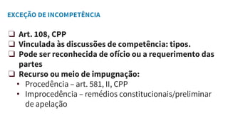 EXCEÇÃO DE INCOMPETÊNCIA
❑ Art. 108, CPP
❑ Vinculada às discussões de competência: tipos.
❑ Pode ser reconhecida de ofício ou a requerimento das
partes
❑ Recurso ou meio de impugnação:
• Procedência – art. 581, II, CPP
• Improcedência – remédios constitucionais/preliminar
de apelação
 