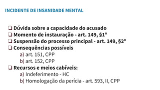 INCIDENTE DE INSANIDADE MENTAL
❏ Dúvida sobre a capacidade do acusado
❏ Momento de instauração - art. 149, §1º
❏ Suspensão do processo principal - art. 149, §2º
❏ Consequências possíveis
a) art. 151, CPP
b) art. 152, CPP
❏ Recursos e meios cabíveis:
a) Indeferimento - HC
b) Homologação da perícia - art. 593, II, CPP
 