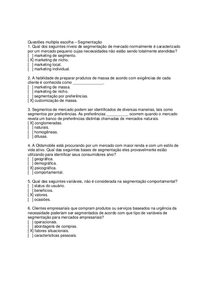 Questões multipla escolha segmentação Questões multipla escolha segmentação