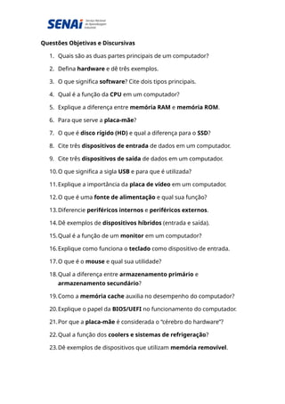 Questões Objetivas e Discursivas.docx exercício de fixação | DOCX