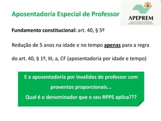 Aposent.por invalidez permanenteFundamento constitucional:  art. 40, § 1º, I  Regra: proventos proporcionais ao “tempo de contribuição”Exceção: proventos integrais: 	- acidente em serviço;		- moléstia profissional; ou		- doença grave, contagiosa ou incurável (lei).  