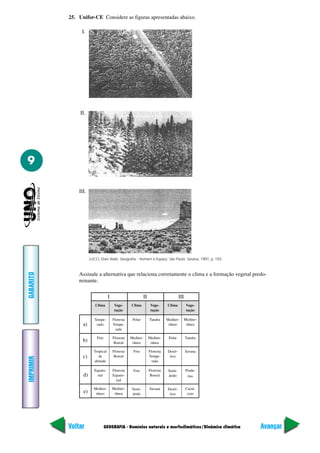 GEOGRAFIA - Domínios naturais e morfoclimáticos/Dinâmica climática
IMPRIMIR
Voltar
GABARITO
Avançar
9
25. Unifor-CE Considere as figuras apresentadas abaixo.
I.
LUCCI, Elian Alabi. Geografia - Homem e Espaço. São Paulo: Saraiva, 1997, p. 103.
II.
III.
Assinale a alternativa que relaciona corretamente o clima e a formação vegetal predo-
minante.
Clima
Tempe-
rado
Frio
Tropical
de
altitude
Equato-
rial
Mediter-
râneo
Vege-
tação
Floresta
Tempe-
rada
Floresta
Boreal
Floresta
Boreal
Floresta
Equato-
rial
Mediter-
rânea
Clima
Polar
Mediter-
râneo
Frio
Frio
Semi-
árido
Vege-
tação
Tundra
Mediter-
rânea
Floresta
Tempe-
rada
Floresta
Boreal
Savana
Clima
Mediter-
râneo
Polar
Desér-
tico
Semi-
árido
Desér-
tico
Vege-
tação
Mediter-
rânea
Tundra
Savana
Prada-
rias
Cactá-
ceas
I II III
a)
b)
c)
d)
e)
 
