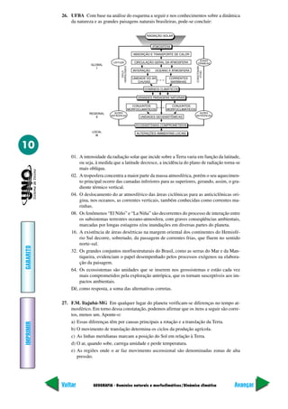 GEOGRAFIA - Domínios naturais e morfoclimáticos/Dinâmica climática
IMPRIMIR
Voltar
GABARITO
Avançar
10
26. UFBA Com base na análise do esquema a seguir e nos conhecimentos sobre a dinâmica
da natureza e as grandes paisagens naturais brasileiras, pode-se concluir:
01. A intensidade da radiação solar que incide sobre a Terra varia em função da latitude,
ou seja, à medida que a latitude decresce, a incidência do plano de radiação torna-se
mais oblíqua.
02. A troposfera concentra a maior parte da massa atmosférica, porém o seu aquecimen-
to principal ocorre das camadas inferiores para as superiores, gerando, assim, o gra-
diente térmico vertical.
04. O deslocamento do ar atmosférico das áreas ciclônicas para as anticiclônicas ori-
gina, nos oceanos, as correntes verticais, também conhecidas como correntes ma-
rinhas.
08. Os fenômenos “El Niño” e “La Niña” são decorrentes do processo de interação entre
os subsistemas terrestres oceano-atmosfera, com graves conseqüências ambientais,
marcadas por longas estiagens e/ou inundações em diversas partes do planeta.
16. A existência de áreas desérticas na margem oriental dos continentes do Hemisfé-
rio Sul decorre, sobretudo, da passagem de correntes frias, que fluem no sentido
norte-sul.
32. Os grandes conjuntos morfoestruturais do Brasil, como as serras do Mar e da Man-
tiqueira, evidenciam o papel desempenhado pelos processos exógenos na elabora-
ção da paisagem.
64. Os ecossistemas são unidades que se inserem nos geossistemas e estão cada vez
mais comprometidos pela exploração antrópica, que os tornam susceptíveis aos im-
pactos ambientais.
Dê, como resposta, a soma das alternativas corretas.
27. F.M. Itajubá-MG Em qualquer lugar do planeta verificam-se diferenças no tempo at-
mosférico. Em torno dessa constatação, podemos afirmar que os itens a seguir são corre-
tos, menos um. Aponte-o:
a) Essas diferenças têm por causas principais a rotação e a translação da Terra.
b) O movimento de translação determina os ciclos da produção agrícola.
c) As linhas meridianas marcam a posição do Sol em relação à Terra.
d) O ar, quando sobe, carrega umidade e perde temperatura.
e) As regiões onde o ar faz movimento ascensional são denominadas zonas de alta
pressão.
 