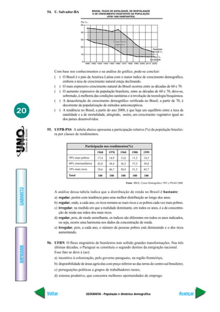 GEOGRAFIA - População e dinâmica demográfica
IMPRIMIR
Voltar
GABARITO
Avançar
20
Participação nos rendimentos(%)
1960
17,4
43,0
39,6
100
50% mais pobres
40% intermediários
10% mais ricos
Total
1970
14,9
38,4
46,7
100
1960
12,6
36,5
50,9
100
1980
11,2
37,3
51,5
100
1999
14,5
39,8
45,7
100
54. U. Salvador-BA
Com base nos conhecimentos e na análise do gráfico, pode-se concluir:
( ) O Brasil é o país da América Latina com o maior índice de crescimento demográfico,
embora a taxa de crescimento natural esteja declinando.
( ) O mais expressivo crescimento natural do Brasil ocorreu entre as décadas de 60 e 70.
( ) O aumento expressivo da população brasileira, entre as décadas de 60 e 70, deve-se,
sobretudo, à melhoria das condições sanitárias e à revolução da tecnologia bioquímica.
( ) A desaceleração do crescimento demográfico verificada no Brasil, a partir de 70, é
decorrente da popularização de métodos anticonceptivos.
( ) A tendência no Brasil, a partir do ano 2000, é que haja um equilíbrio entre a taxa de
natalidade e a de mortalidade, atingindo, assim, um crescimento vegetativo igual ao
dos países desenvolvidos.
55. UFPB-PSS A tabela abaixo apresenta a participação relativa (%) da população brasilei-
ra por classes de rendimentos.
Fonte: IBGE, Censo Demográfico 1991 e PNAD 2000.
A análise dessa tabela indica que a distribuição de renda no Brasil é bastante:
a) regular, porém com tendência para uma melhor distribuição ao longo dos anos.
b) regular, onde, a cada ano, os ricos tornam-se mais ricos e os pobres cada vez mais pobres.
c) irregular, na medida em que a realidade dominante, em todos os anos, é a de concentra-
ção de renda nas mãos dos mais ricos.
d) regular, pois, de modo semelhante, os índices são diferentes em todos os anos indicados,
ou seja, ocorre uma harmonia nos dados da concentração de renda.
e) irregular, pois, a cada ano, o número de pessoas pobres está diminuindo e o dos ricos
aumentando.
56. UFRN O fluxo migratório de brasileiros tem sofrido grandes transformações. Nas três
últimas décadas, o Paraguai se constituiu o segundo destino da emigração nacional.
Esse fato se deve à (ao):
a) incentivo à colonização, pelo governo paraguaio, na região fronteiriça;
b) disponibilidade de áreas agrícolas com preço inferior ao das terras do centro-sul brasileiro;
c) perseguições políticas a grupos de trabalhadores rurais;
d) sistema produtivo, que concentra melhores oportunidades de emprego.
 