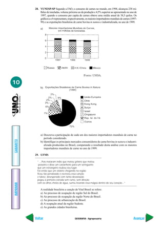 GEOGRAFIA - Agropecuária
IMPRIMIR
Voltar
GABARITO
Avançar
10
28. VUNESP-SP Segundo a FAO, o consumo de carnes no mundo, em 1998, alcançou 238 mi-
lhões de toneladas, volume próximo ao da produção e 4,5% superior ao apresentado no ano de
1997, quando o consumo per capita de carnes obteve uma média anual de 38,5 quilos. Os
gráficosaebrepresentam,respectivamente,osmaioresimportadoresmundiaisdecarnes(1997-
99) e as exportações brasileiras de carne bovina in natura e industrializada, no ano de 1999.
a)
b)
a) Descreva a participação de cada um dos maiores importadores mundiais de carne no
período considerado.
b) Identifique os principais mercados consumidores de carne bovina in natura e industri-
alizada produzidas no Brasil, comparando o resultado desta análise com os maiores
importadores mundiais de carne no ano de 1999.
29. UFMS
“ ...Pois mataram índio que matou grileiro que matou
posseiro e disse um castanheiro para um seringueiro
que um estrangeiro roubou seu lugar.
Foi então que um violeiro chegando na região
ficou tão penalizado e escreveu essa canção
e talvez, desesperado com tanta devastação
pegou a primeira estrada sem rumo, sem direção
com os olhos cheios de água, sumiu levando essa mágoa dentro do seu coração...”
A realidade brasileira a canção de Vital Brasil se refere:
a) Ao processo de ocupação de região Sul do Brasil.
b) Ao processo de ocupação da região Norte do Brasil.
c) Ao processo de urbanização do Brasil.
d) A ocupação atual da região Sudeste.
e) As grandes cidades brasileiras.
 