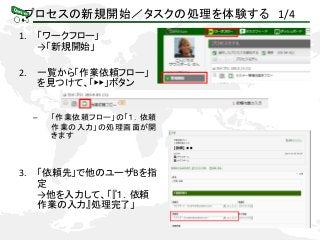 プロセスの新規開始／タスクの処理を体験する 1/4
1. 「ワークフロー」
→「新規開始」
2. 一覧から「作業依頼フロー」
を見つけて、「▶▶」ボタン
– 「作業依頼フロー」の「１．依頼
作業の入力」の処理画面が開
きます
3. 「依頼先」で他のユーザBを指
定
→他を入力して、「『１．依頼
作業の入力』処理完了」
 