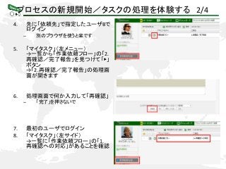 プロセスの新規開始／タスクの処理を体験する 2/4
4. 先に「依頼先」で指定したユーザBで
ログイン
– 別のブラウザを使うと楽です
5. 「マイタスク」（左メニュー）
→一覧から「作業依頼フロー」の「2.
再確認／完了報告」を見つけて「▶」
ボタン
→「2.再確認／完了報告」の処理画
面が開きます
6. 処理画面で何か入力して「再確認」
– 「完了」を押さないで
7. 最初のユーザでログイン
8. 「マイタスク」（左サイド）
→一覧に「作業依頼フロー」の「1.
再確認への対応」があることを確認
 