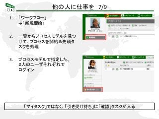 他の人に仕事を 7/9
1. 「ワークフロー」
→「新規開始」
2. 一覧からプロセスモデルを見つ
けて、プロセスを開始＆先頭タ
スクを処理
3. プロセスモデルで指定した、
２人のユーザそれぞれで
ログイン
「マイタスク」ではなく、「引き受け待ち」に「確認」タスクが入る
 